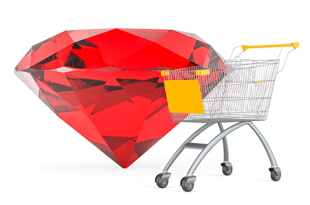 Red gem with shopping cart 3D rendering