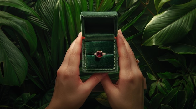 Photo red gemstone ring in green velvet box