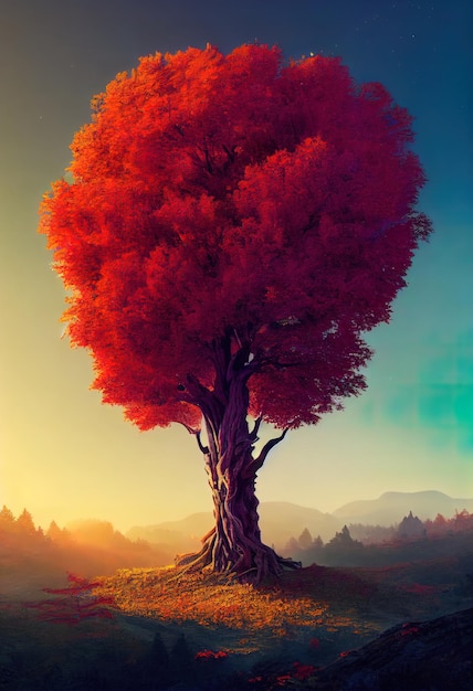 Red giant autumn tree at mountain 3d illustrated