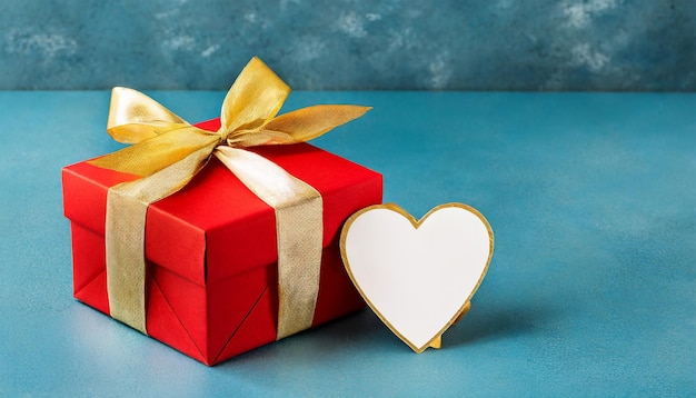 Red gift box on blue background Golden bow and mockup gift tag with white heart valentines day