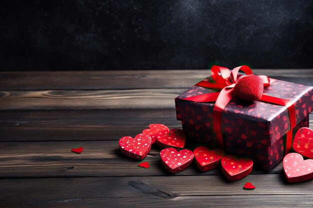 red gift box filled with Valentines day cards red hearts and gift boxes arranged on a dark wooden