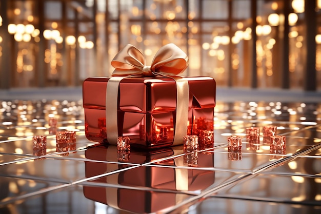 Red gift box with beige bow and candles on the background of bokeh effect Generative AI