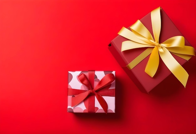 A red gift box with a bow and hearts on a red background