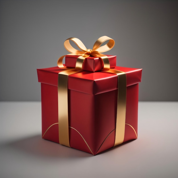 A red gift box with a gold ribbon and a gold bow.