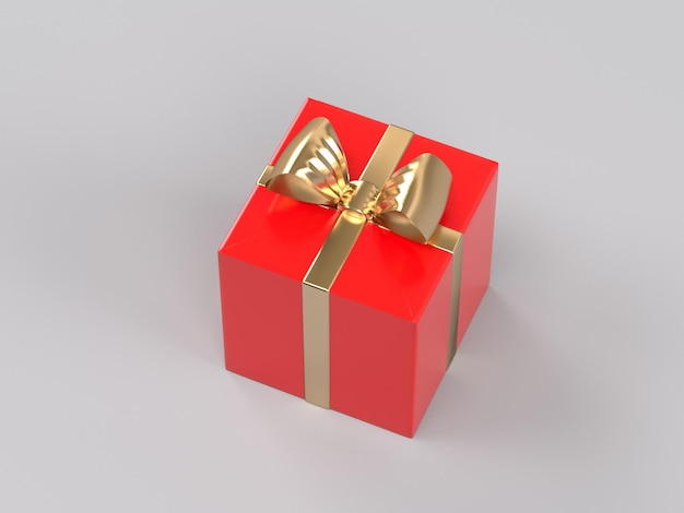 A red gift box with a gold ribbon on it and a gold bow on the top.