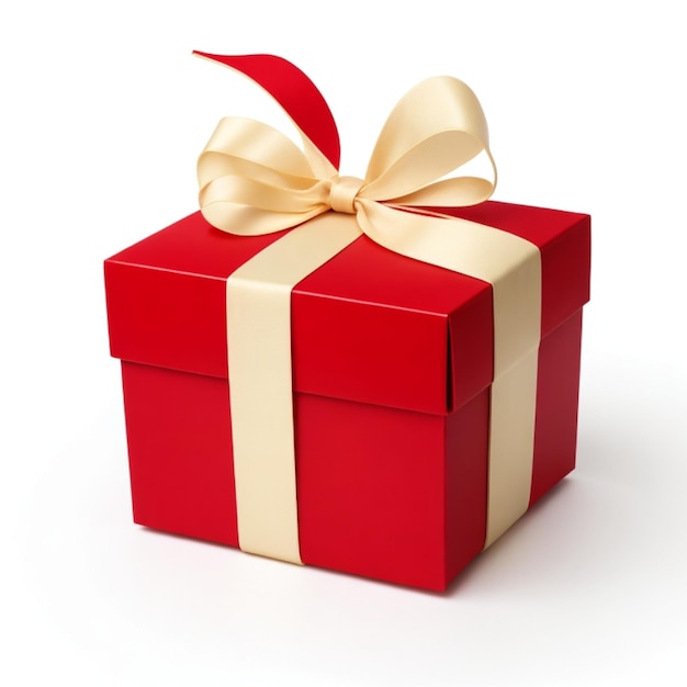 A red gift box with a gold ribbon on a white background