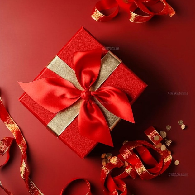 Red gift box with gold ribbons on the table