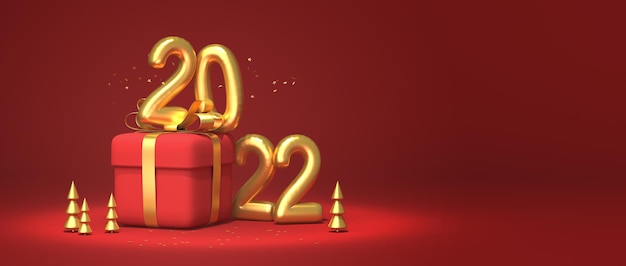 Red gift box with golden metal numbers 2022. Copy space. 3d rendering