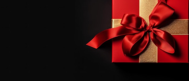 A red gift box with a golden ribbon and bow with a blank background for copy space Generative AI