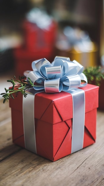 Red gift box with silver ribbon bow