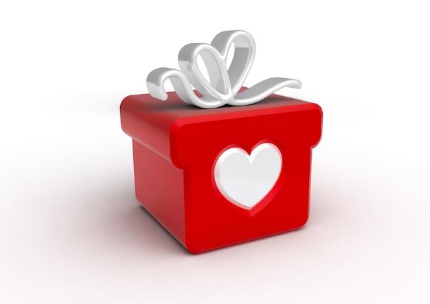 A red gift box with a white heart on the front.