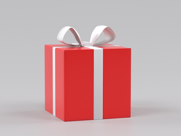 A red gift box with a white ribbon and a white ribbon.