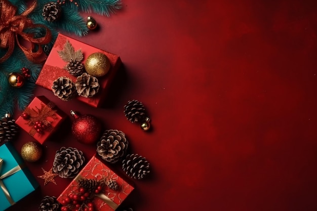 Red gift boxes with decorations on a red background