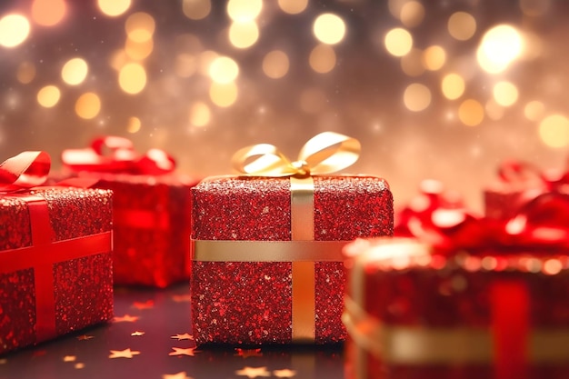 Red gift boxes with golden bows on the background of bokeh effect Generative AI