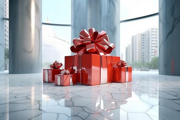 Red gift boxes with red bows in interior Generative AI