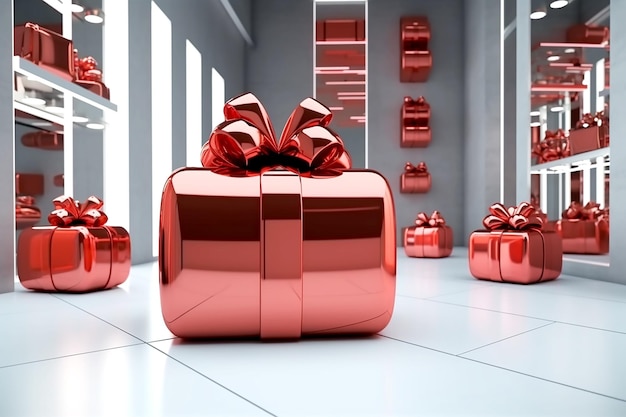 Red gift boxes with red bows in interior Generative AI