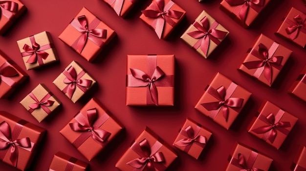 Red Gift Boxes with Ribbon Flat Lay View Generative AI