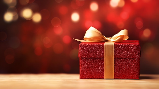 a red gift with a gold bow on it