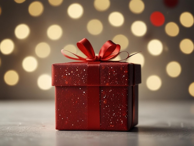 a red gift with a red bow on it is on a table