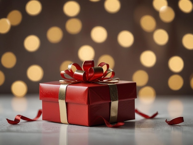 a red gift with a ribbon tied to it sits on a table