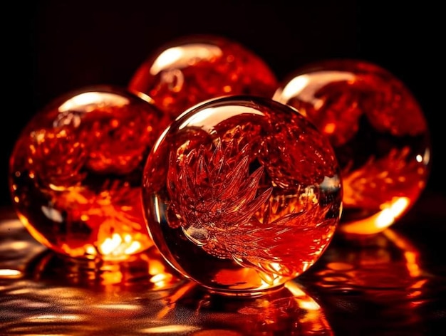 Red glass balls with a leaf design on the bottom.