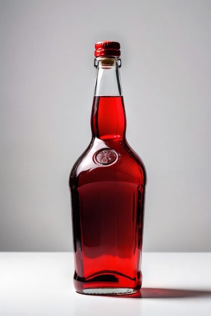 A red glass bottle of alcoholic beverage sits on a table