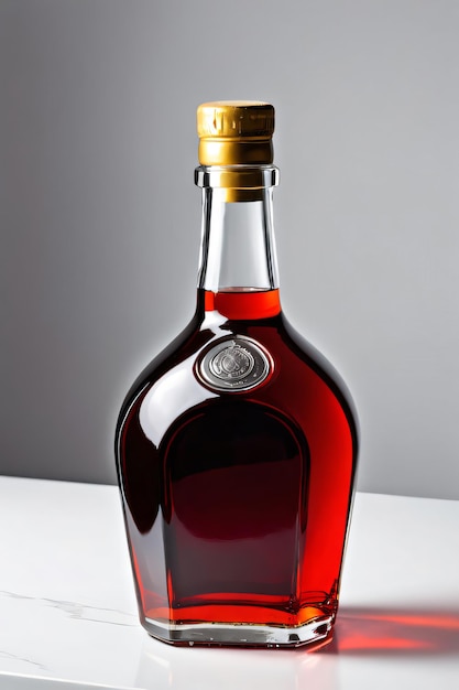 A red glass bottle of alcoholic beverage sits on a table