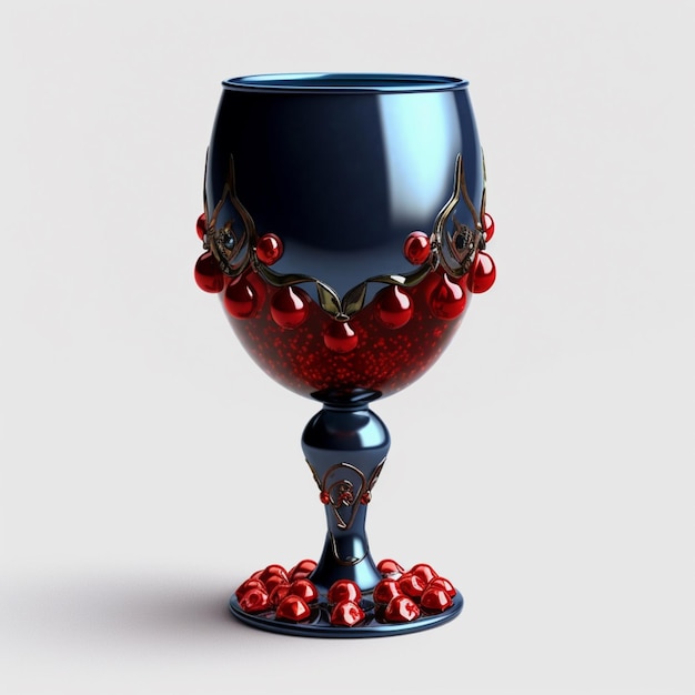 A red glass with red beads is on a stand.