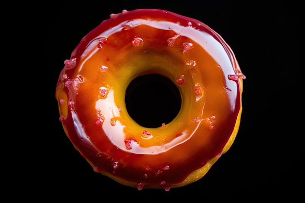 Red Glazed Donut Sweet Fruit Doughnut Cake Berries Donut Dessert on Dark Background Abstract Generative AI Illustration