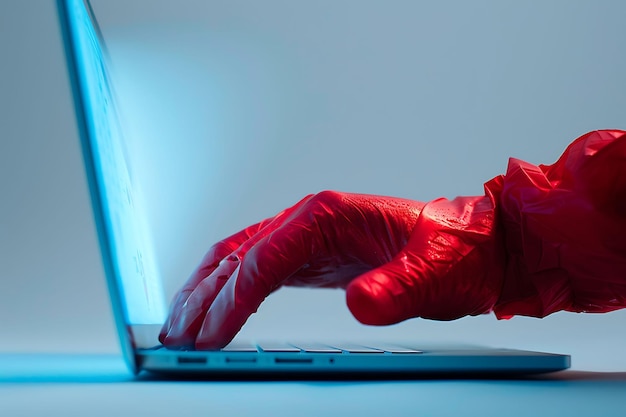 Photo red gloved hand typing on a laptop