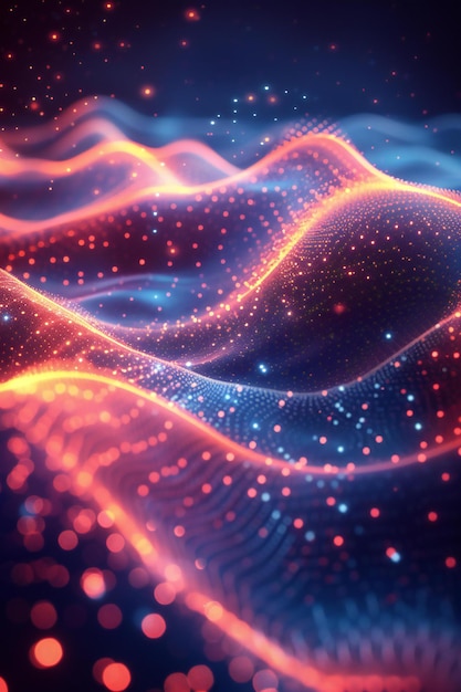 Red glowing digital wave background with dots and lines dark blue gradient abstract technology wal