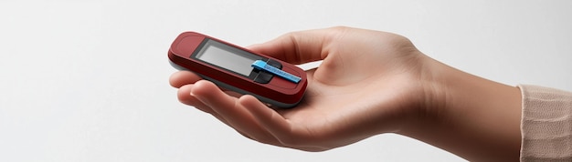 Photo red glucometer in hands created with generative ai technology