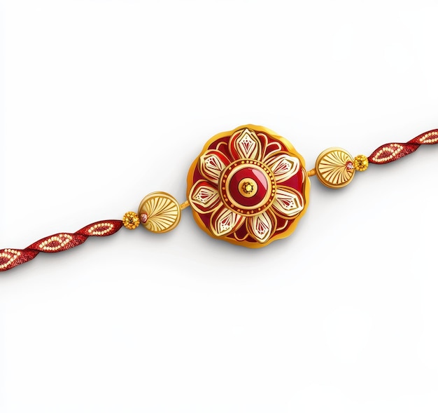 a red and gold bead is adorned with a flower and a red bead