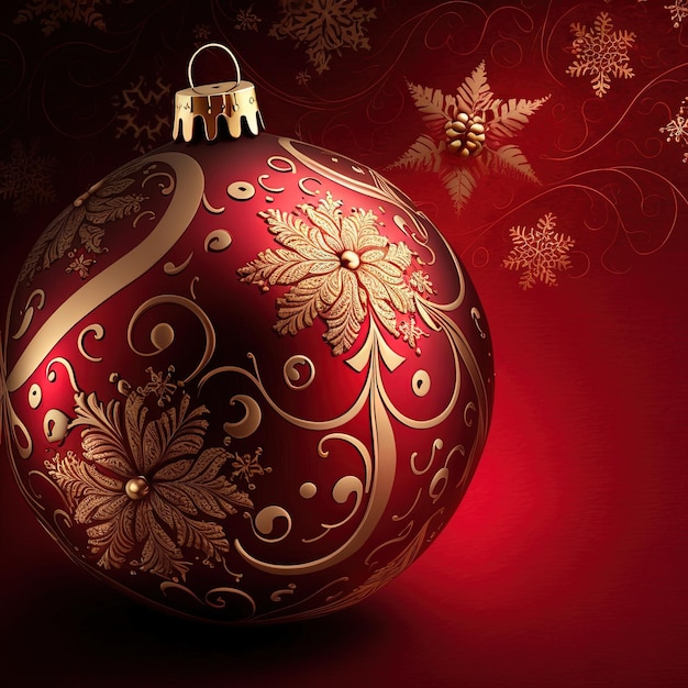 A red and gold christmas ball with a floral design on it.