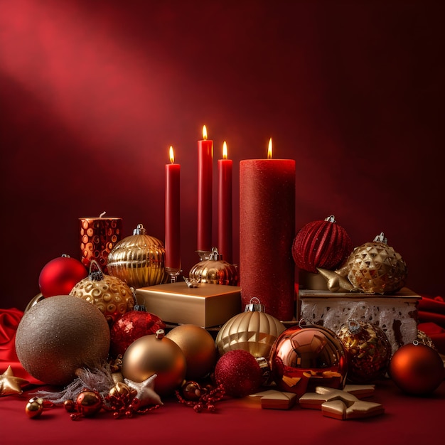 A red and gold christmas display with a red background and a christmas tree and a red ball.