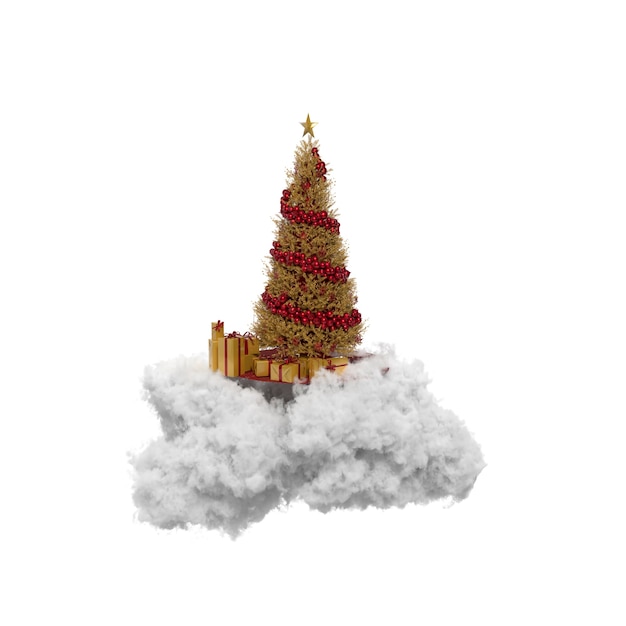 Red and gold christmas tree on the cloud on white background. 3d rendering