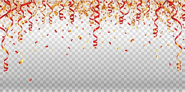 Red Gold Confetti Ribbons on Transparent Background Celebration Party Decoration Frame