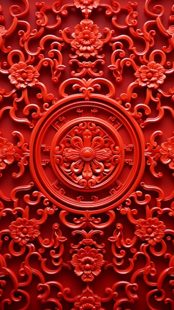 a red and gold design on a red wall