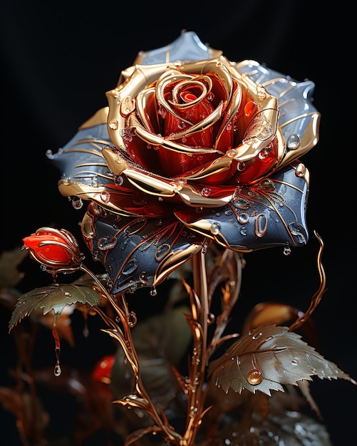 Red and Gold Glass Rose Flower with Water Droplets on it Isolated on Black Background Generative AI