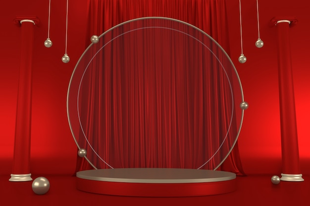 Red and Gold podium show in red color background.3D rendering