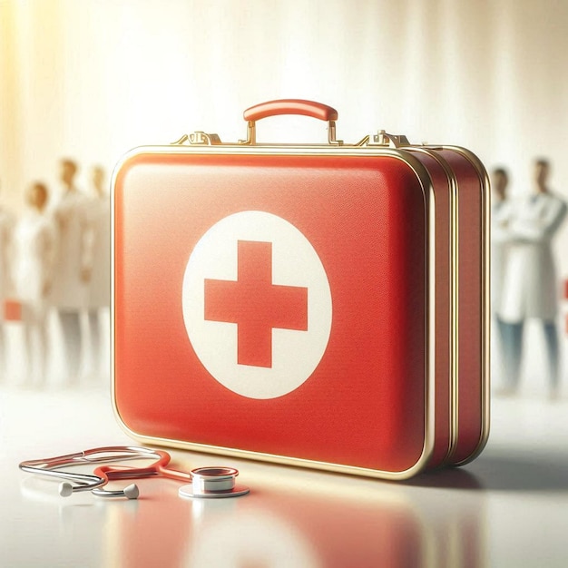 a red and gold suitcase with a red cross on it