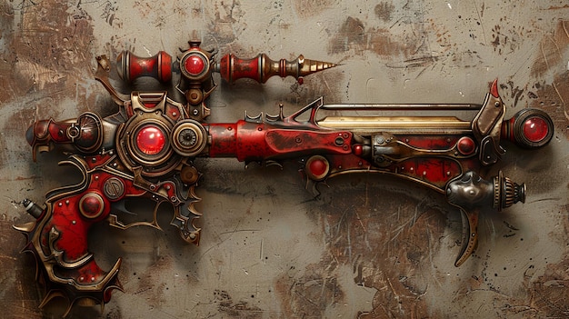 Photo a red and gold sword with a red and black body and a red and black body