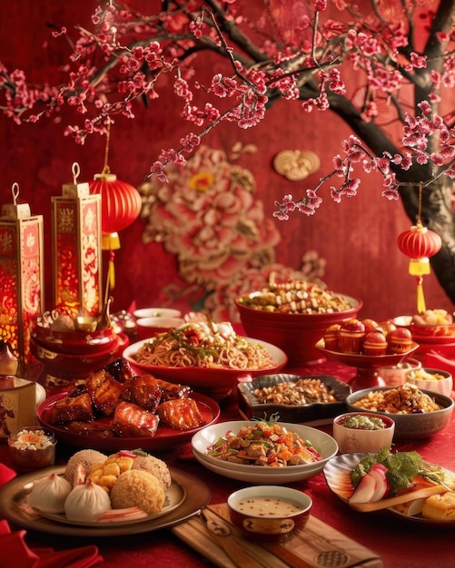 Red and gold themed traditional Chinese New Year dinner table setup elegantly displayed against a fe