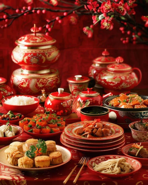 Red and gold themed traditional Chinese New Year dinner table setup elegantly displayed against a fe