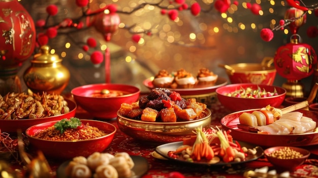 Red and gold themed traditional Chinese New Year food display with various dishes arranged on an ele