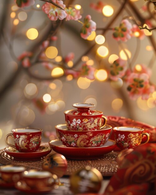 Red and gold themed traditional Chinese New Year tea set elegantly displayed against a festive backd