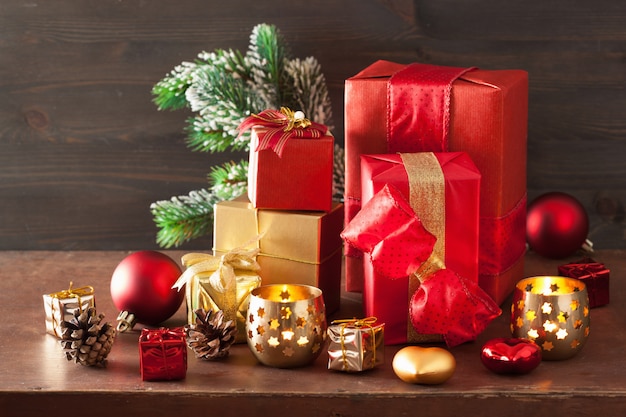 Red and golden christmas gift box and decoration