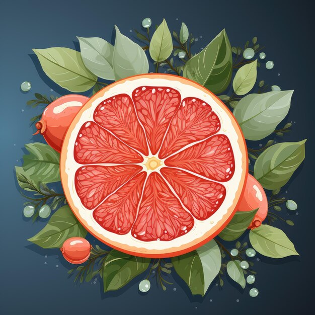 a red grapefruit with green leaves and oranges on a blue background