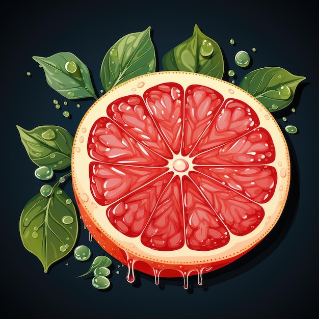 a red grapefruit with green leaves and a red liquid