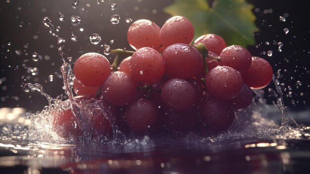 Red Grapes Splashing into Water with Water Droplets